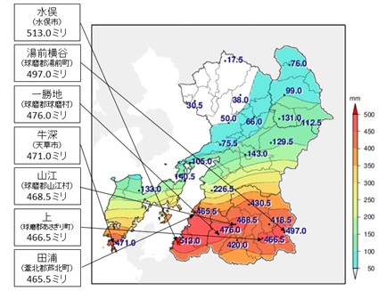 7月3日～4日におけるアメダス総降水量の分布図